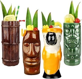 LINALL Tiki Mugs Cocktail Set of 4 - Large Ceramic Hawaiian Party Mugs Drinkware, Cute Exotic Cocktail Glasses, Tiki Bar Professional Hawaiian Party Barware, TKSET0001