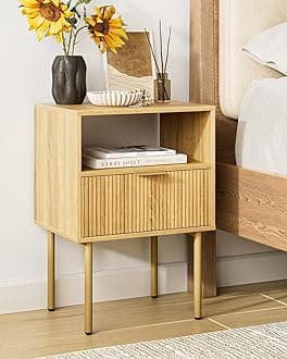 Nightstand,Morden Bedside Table with Gold Frame,Small Night Stand,End Table,Bedside Furniture,Side Table with Drawer and Shelf for Bedroom,Living Room (1Drawer, Oak)