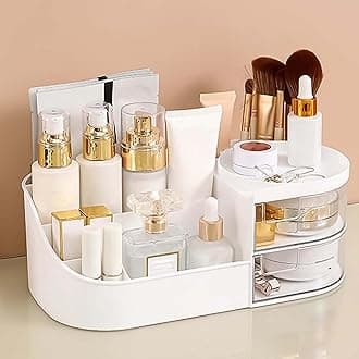 ALOXE Plastic Makeup Organizer|Makeup Box for Storage|Make Up, Cosmetics, Skincare Organiser for Women|Elegant Makeup Vanity with Transparent Drawer (White)