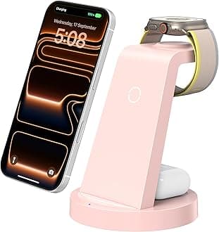 3 in 1 Charging Station for iPhone, Wireless Charger for iPhone 17 16e 16 15 14 13 12 11 X Pro Max & Apple Watch - Charging Stand Dock for AirPods (Pink)