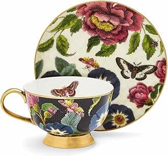 Spode x Creatures of Curiosity Dark Tea Cup and Saucer Set - Fine China Black & Cream Floral Design with 22-Carat Gold Detailing, Gift Boxed, Suitable for Elegant Dining or Display