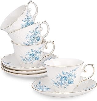 tea cups and saucers ceramic coffee mug 6oz for Coffee, Latte, Cafe Mocha and Tea-Set of 4,Blue