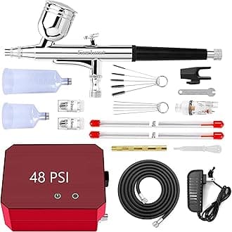 Gocheer Airbrush Kit with Air Compressor, 48 PSI High Pressure Air Brush Non-Clogging with 0.2/0.3/0.5mm Nozzle/Cleaning Sets, Ideal for Painting, Modeling, Cake Decor, Pastry, Makeup (Red)