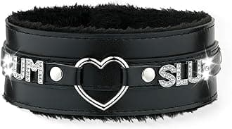 Pink Furry Heart O-ring Leather Choker Collar For Women, Handmade Punk Gothic Letter Necklace Adjustable Fashion Jewerly