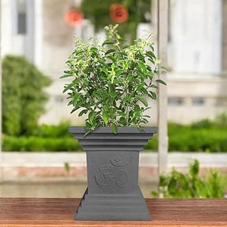 Go Hooked 16 Inch Tulsi Pot Traditional Decorative Planter for Home Temple, Pooja Décor, Balcony and Garden | Premium Plastic Large Square Tulsi Planter with Om & Swastik Design | UV-Resistant Grey