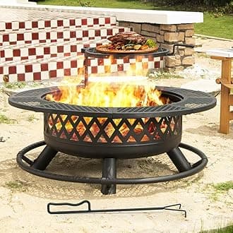 Panovue 42 Inch Outdoor Fire Pit with Grill, Large Fire Pit Table for Outside, Metal Round Fire Pits with Lid&Fire Poker,3 in 1 Wood Burning Fire Pits & Outdoor Fireplaces for Backyard,Patio(Black)