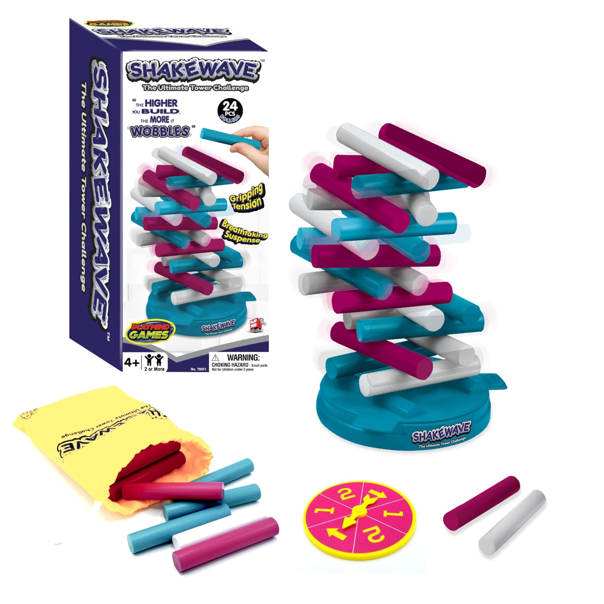 MUKIKIM Shakewave, Ultimate Stacking Blocks Game Challenge, Stack Rollers to Build Tower As High As Possible On Rotating Base Without Causing It to Collapse! Promotes Hand-Eye Coordination & Balance