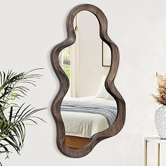 Asymmetrical Mirror for Wall Brown Irregular Wood Frame Modern Artistic Wall Mirror Decorative Vanity Bathroom Living Room Bedroom Entryway Hallway Cute and Stylish Cloud Mirror Large 36" x 20"