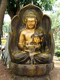 Sepborn Water Fountain Outdoor Big Size Garden Buddha Statue Fountain with Water Flow, Copper, 90 cm with LED Lights Water Pump