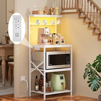 Kitchen Bakers Rack with Power Outlet & LED Lights, Small Coffee Bar Table with Adjustable Storage Shelf, 4 Tiers Microwave Stand with 8 Hooks, Coffee Station for Appliance Organizer, White