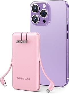 miisso Ultra Slim 10000mAh Power Bank Built-in Cables and Foldable AC Wall Plug, Pocket Size USB C Portable Charger, External Battery Pack Compatible with iPhone Samsung, Pink