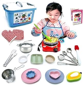 22 Pcs Montessori Kids Junior Tiny Real Toddler Safe Easy Bake Cook Set with Pretend Kitchen Tool -Mini Stove Burner, Chef, Apron, Oven Mitt, Recipes -Real Food Utensils Gift for Boys Girls Ages 6-12