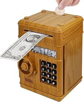 Piggy Bank Electronic Mini ATM for Kids Baby Toy, Safe Coin Banks Money Saving Box Password Code Lock for Children,Boys Girls Best Gift (Dark Woodgrain)