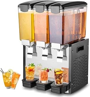VEVOR Commercial Beverage Dispenser, 3 Tanks 10 L / 10.6 QT Per Tank Juice Dispenser, 440W Stainless Steel Ice Tea Drink Machine with 45°F-54°F Cooling Temperature, for Cold Drink Restaurant Bar Party