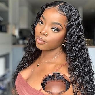 Glueless Wigs Human Hair Pre Plucked Pre Cut 5x5 Hd Lace Closure Wear and Go Deep Wave Curly Lace Front Wigs for Black Women Wet and Wavy Natural Hairline (14 Inch)