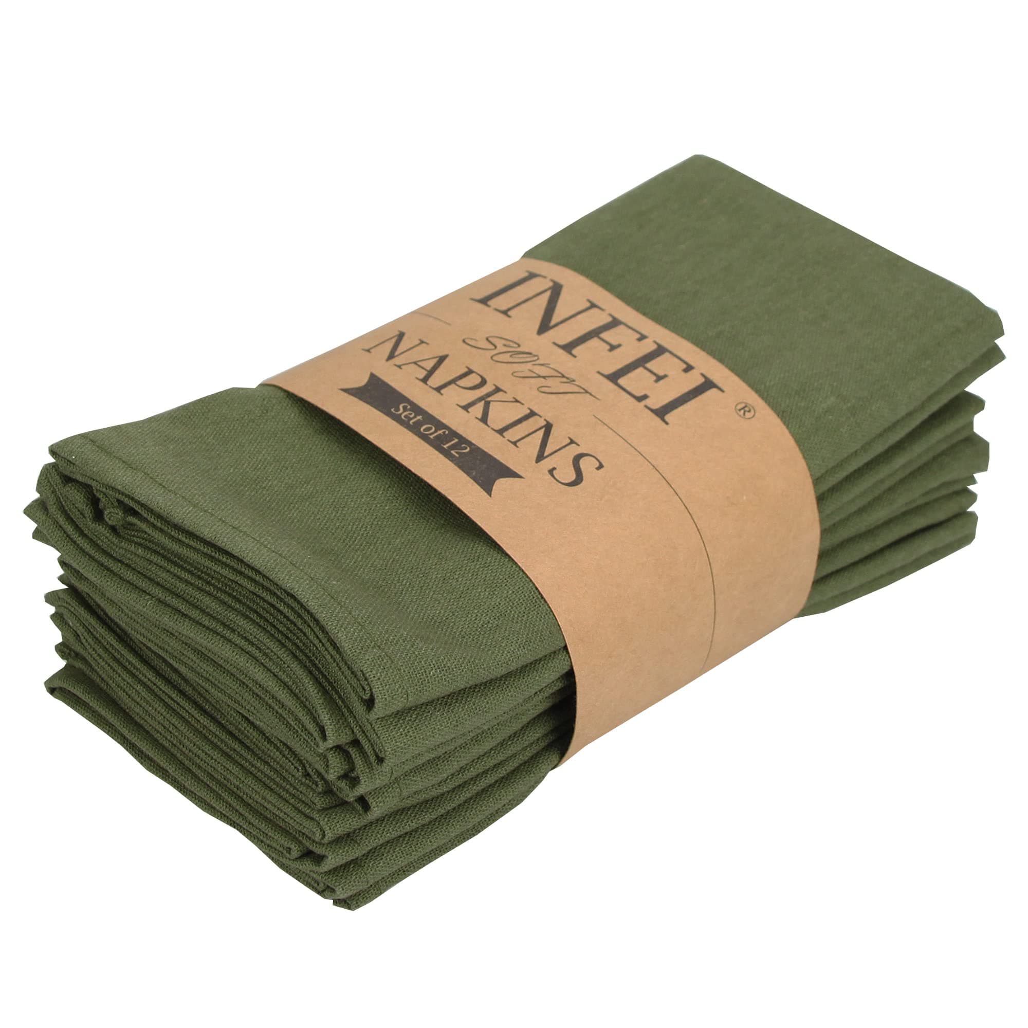 INFEI Solid Color Polyester Linen Blended Thin Dinner Napkins - Pack of 12 (40 x 40 cm) - for Events & Home Use (Army Green)