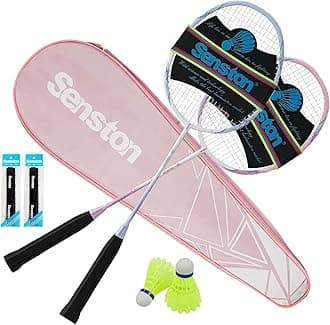 Senston Badminton Rackets Set of 2, Graphite Shaft Badminton Racquets Including Bag, 2 Shuttlecock, 2 Racquet Grip Pink/Blue