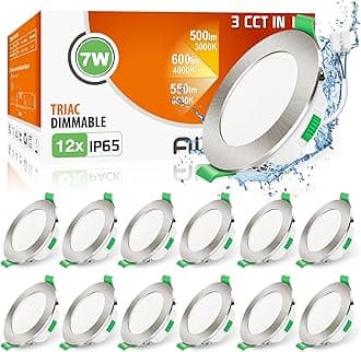 ALUSSO IP65 LED Downlights Dimmable 7W Slim Recessed Ceiling Lights, 3CCT 3000K Warm 4000K Neutral 6500K Cool Adjustable Bathroom Spotlights, Brushed Nickel, 12 Pack