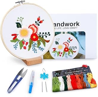 Embroidery Kit for Beginners, Flowers and Leaves Embroidery Practice Kit, Hand Floral Embroidery Starter Kit for Adults with Video Step by Step Instructions, Hoops, Threads and Needles (BEF014)