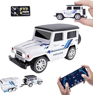 Mini RC Car with APP Control, 1:64 Scale Off-Road Vehicle & Trailer Toy, 2.4GHz Wireless Remote Control, LED Lights, Alloy Case, MultiControl Modes, Speed/Steering Adjustable (White)