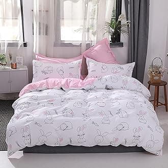 Kawaii Bedding Set, for Kids Girls Cute Cartoon Rabbit Bedding Set, Sketch Carrot Duvet Cover, Kawaii Room Decor, Pink Soft Reversible Comforter Cover Set, Lovely Animal Bedding Comforter, Queen Size