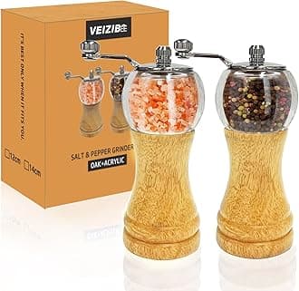 Classical Hand Shake Wood Pepper Grinder Set & Gorgeous Salt, Wooden&Acrylic,Ceramic Blades&Upgrade metal handle, Enjoy Your Best Fresh Ground Pepper Sea Salts And Various spices (6''-A-2pcs)