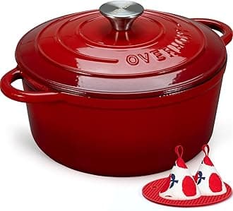 Overmont 28cm/6.6L Enamelled Cast Iron Round Casserole Pot With Lid Cookbook & Cotton Potholders - Non-stick Dutch Oven Cookware for Braising, Stews, Roasting, Bread Baking - Cherry red, 7QT