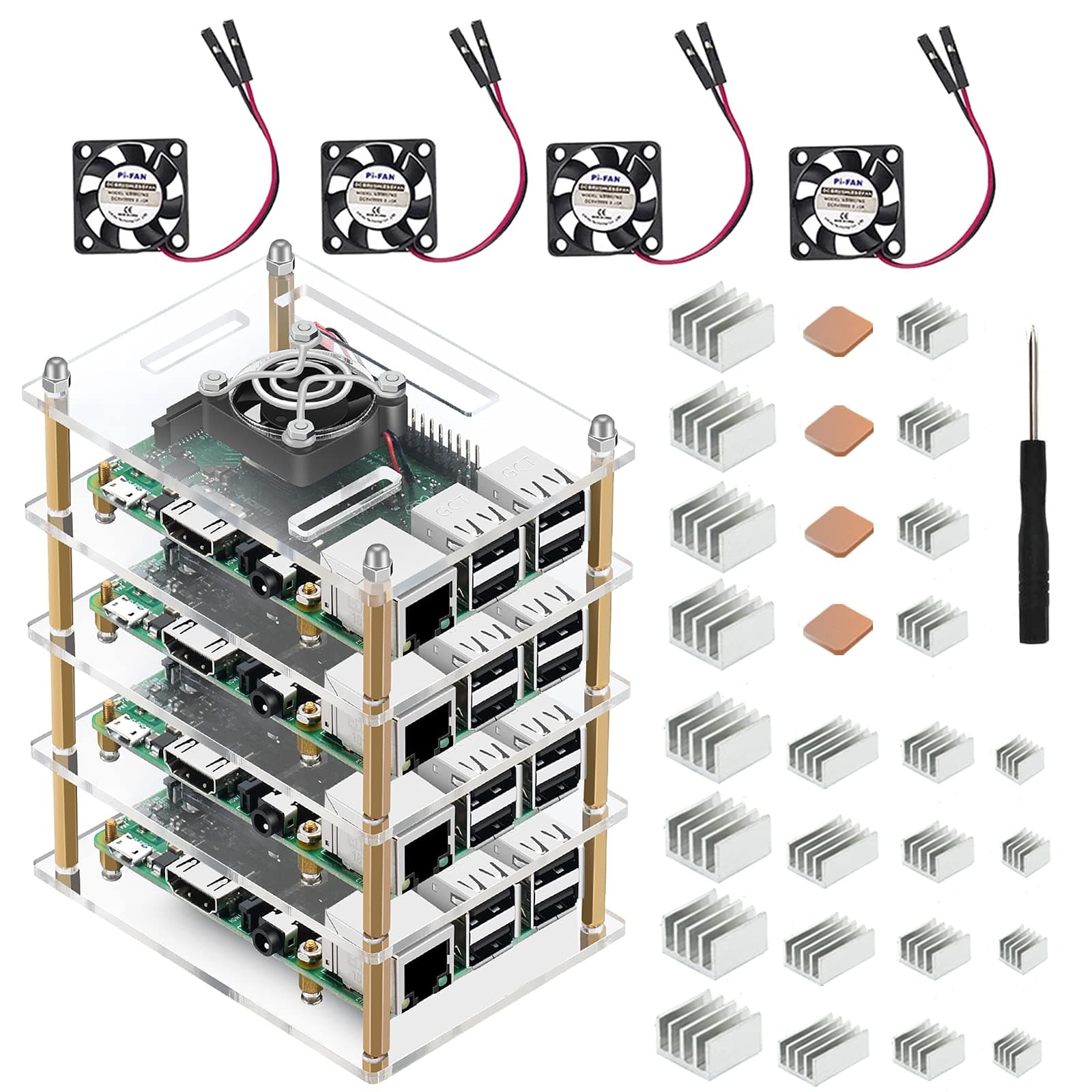 iUniker Raspberry Pi 4 Cluster Case, Raspberry Pi 4 Case with Cooling Fan and Raspberry Pi 4 Heatsink for Raspberry Pi 4 Model B, 3 B+, Pi 3 B, Pi 2 B, Pi B+ (4-Layers)