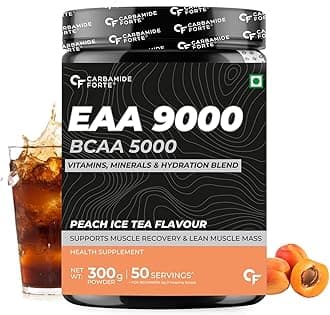 Carbamide Forte Eaa Supplement With Bcaa 5000Mg | Eaa intra workout Supplement For Men & Women With Hydration Blend & Vitamins - Peach Iced Tea Flavour - 50 Servings - Powder 300G