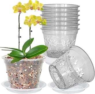 Orchid Pot, 8 Pack Orchid Pots with Holes & Saucers, Clear Plastic Pot for Repotting, Breathable Ventilation Planters for Phalaenopsis, Dendrobium & Oncidium Orchids(4 inch, Grey)