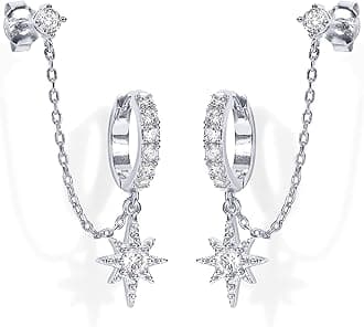 PAVOI 14K Gold Chain Earrings for Women, Cubic Zirconia Pearl Hoop Earrings for Women