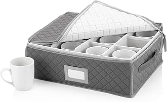 China Cup Storage Chest - Quilted Fabric Container in Gray Measuring 16" x 13" x 6"H - Perfect Storage Case for Coffee Mugs - Tea Cups - Mason Jars - Glassware