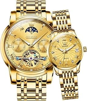 OLEVS Men's Watch, Popular, Quartz Watch, Fashion, Business, Chronograph, Stainless Steel, Waterproof, Date Men's Watch, Gift, All Gold Couple Moon Phase Watch Set, Mechanical self-wind