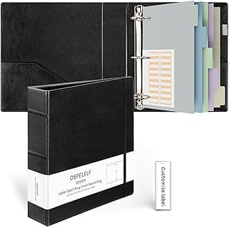 Ospelelf Vintage Hardcover 3 Ring 2 inch Leather Binder, Professional Binders Organizer Suitable for Letter Size Documents, Binder Dividers with Tabs, Black
