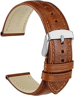 WOCCI Leather Watch Band, Vintage Replacement Strap, Stainless Steel Buckle, Choice of Width 14mm 16mm 18mm 19mm 20mm 21mm 22mm 23mm 24mm