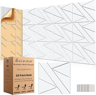 50 Pack Bulk Self-Adhesive Soundproof Wall Panels, 12 x 12 x 0.47 in Sound Proof Foam Panels for Walls, 1.2lb/ft³ High Density, Thicker 0.47in, Acoustic Panels, Duty for Large Walls White