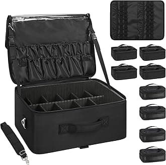 Relavel Extra Large Makeup Case Professional Cosmetic Storage Organizer Box Brush Holder with 8 Clear Set Bags & Lipstick Plate for Makeup Artists with Shoulder Strap & Adjustable Dividers