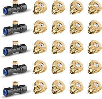 HOMENOTE 20 Pack Brass Misting Nozzles and 5 Pack Misting Nozzle Tees for Outdoor Cooling System, Misting Nozzle Replacements for 1/4 inch tubing