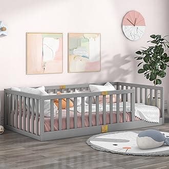 Tatub Twin Floor Bed with Safety Guardrails, Montessori Floor Bed for Kids, Wood Kids Floor Beds Frame, Entry Can Install Left and Right, Twin-Grey