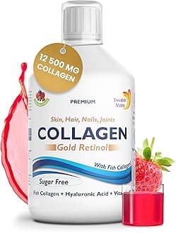 Swedish Nutra 12,500 mg Hydrolyzed Marine Collagen & Gold Retinol Liquid Supplement - 20 Day Supply, 500 ml | Type 1 & 3 Collagen, Pure Peptide & Hyaluronic Acid for Healthy Hair, Skin, Nails & Joints