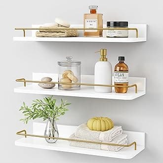 Forbena Gold Floating Shelves for Bathroom Wall Set of 3, White Bathroom Shelves Over Toilet for Wall Decor, Modern Wall Mounted Display Shelves with Rail for Bedroom Organizers and Storage