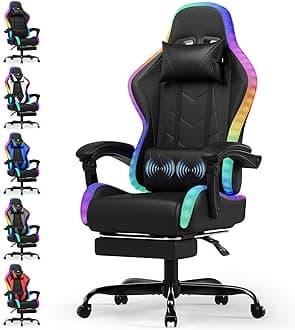 – Devoko LED Gaming Chair with Footrest – Ergonomic Reclining Game Chair for Adults with Massage Lumbar Cushion, RGB Lights, High Back, Adjustable PC Gamer Chair, Black