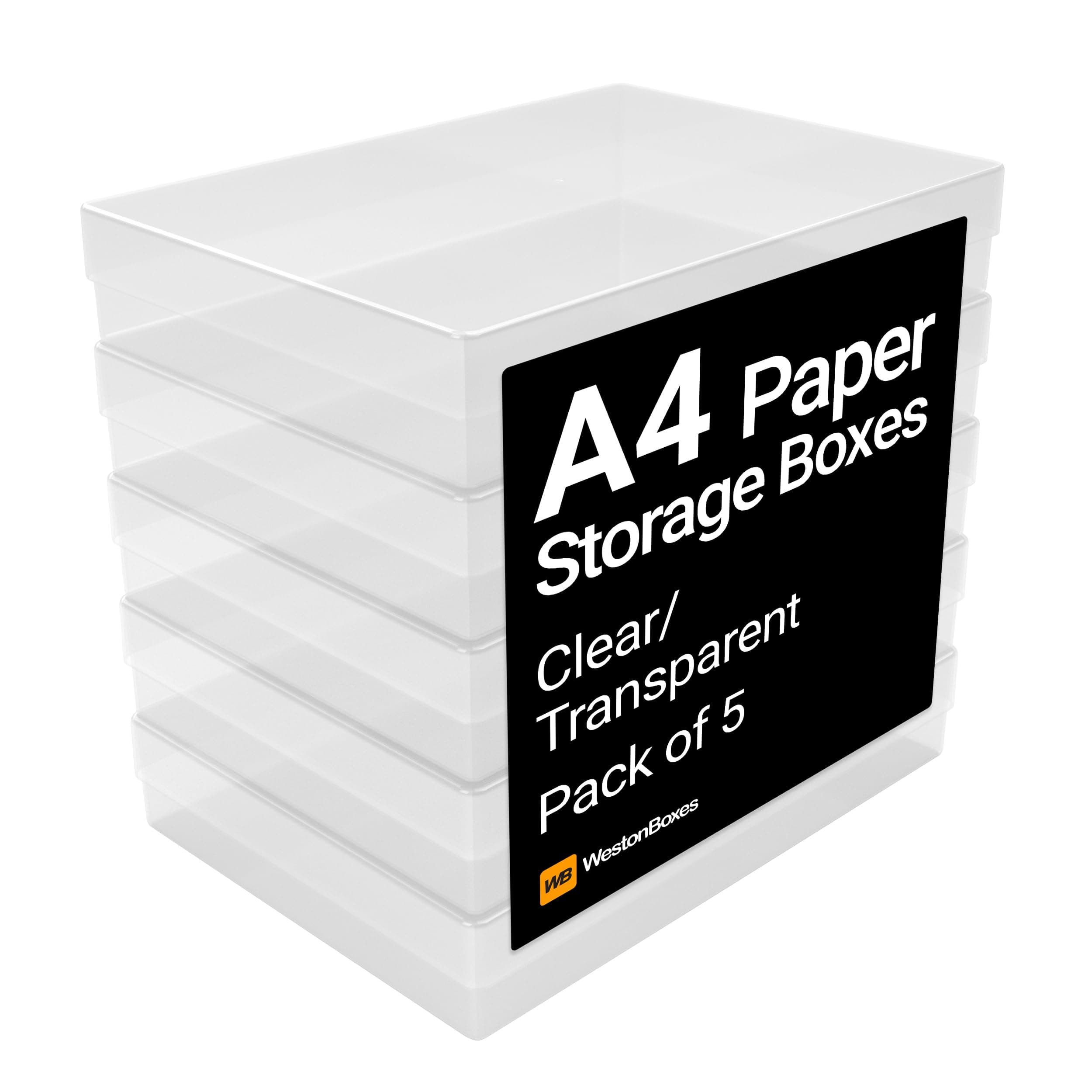 WestonBoxes A4 Plastic Craft Storage Boxes with Lids for Art Supplies, Paper and Card - 3.6 Litre Volume (Clear, Pack of 5)