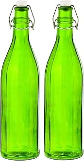 Colhexa Glass Bottles With Cork 1litre, Kitchen Decoration (Green, 2 Pcs)