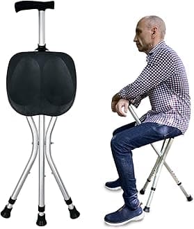 Portable Adjustable Folding Walking Cane with Seat Allows Durability While Walking and Convenience for Sitting, Alloy Crutch Chair, Anti-Slip Lightweight Walking Stick for Seniors (Black)