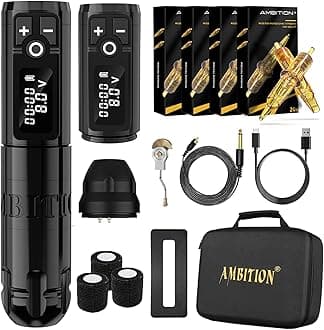Ambition Soldier Wireless Tattoo Machine Kit Complete Rotary Coreless Motor Pen with Extra 1950mAh Battery 80pcs Glory Mixed Size Cartridge Needles Supply Artist, 4.2mm stroke black