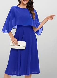 Women Cape Dress with Chiffon Overlay Cocktail Party Wedding Guest Formal Dresses