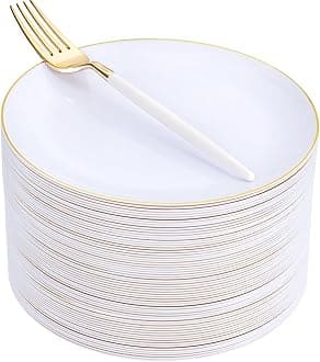 LIYH 96 Pcs White Gold Dessert Plates with Dessert Forks,48 Plates and 48 Forks,Gold Cake Appetizer Plastic Disposable Plates for Tea Parties,Birthdays,Wedding,Valentine's Mother's Day 48 Guests