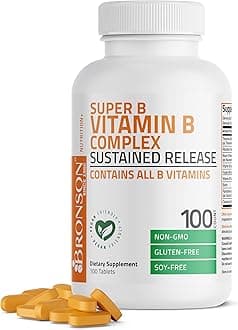 Bronson Super B Vitamin B Complex Sustained Slow Release (Vitamin B1, B2, B3, B6, B9 - Folic Acid, B12) Contains All B Vitamins 100 Tablets