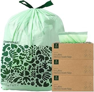 Cleanomic Compostable* 13 Gallon Trash Bags with Drawstring (3 Pack, 75 Count), BPI Certified For Kitchen Compost